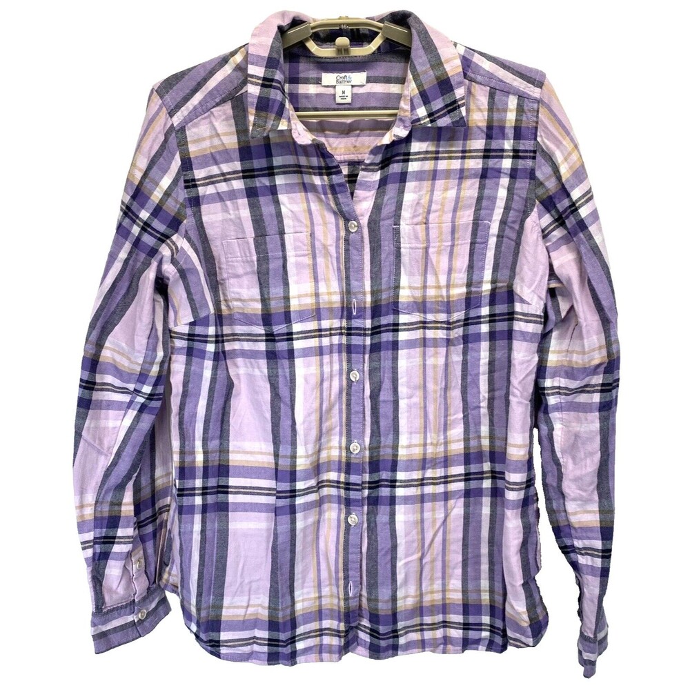 Croft & Barrow Women's Medium Button Up Flannel Shirt Violet Plaid Long Sleeve
